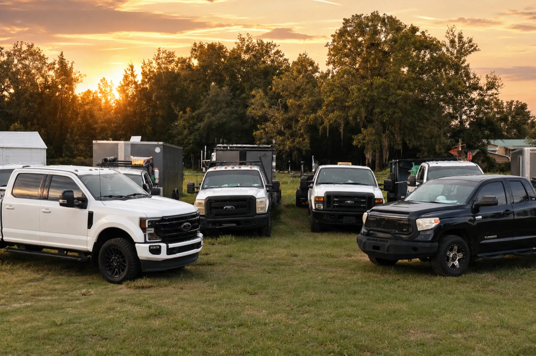 The R.B. & Company truck fleet parked at sunset in Belleview, Florida